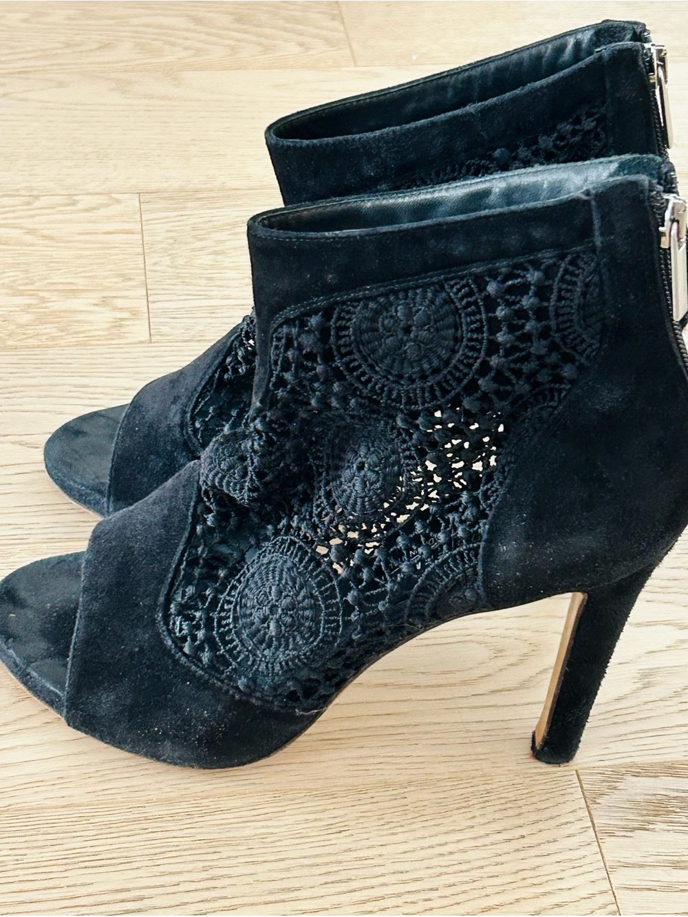 Vero Cuoio Black Suede Crochet Open-Toe Ankle Booties